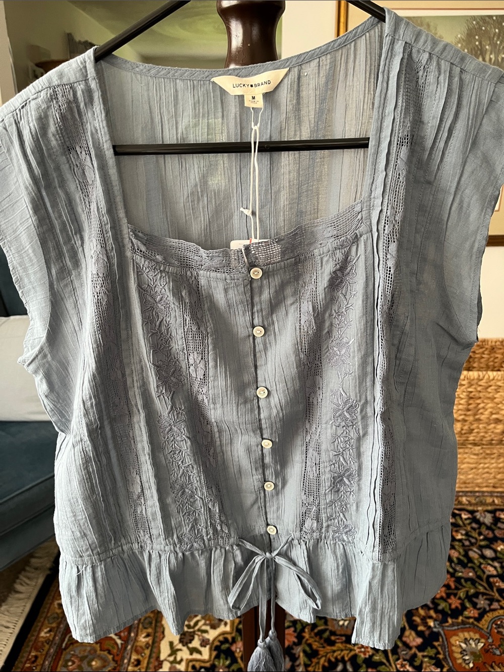 Lucky Brand Dusty Blue Embroidered Button-Front Blouse